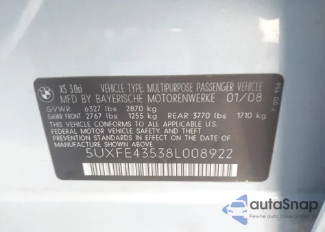 2008 BMW X5 3.0Si from USA, damaged, VIN 5UXFE43538L008922